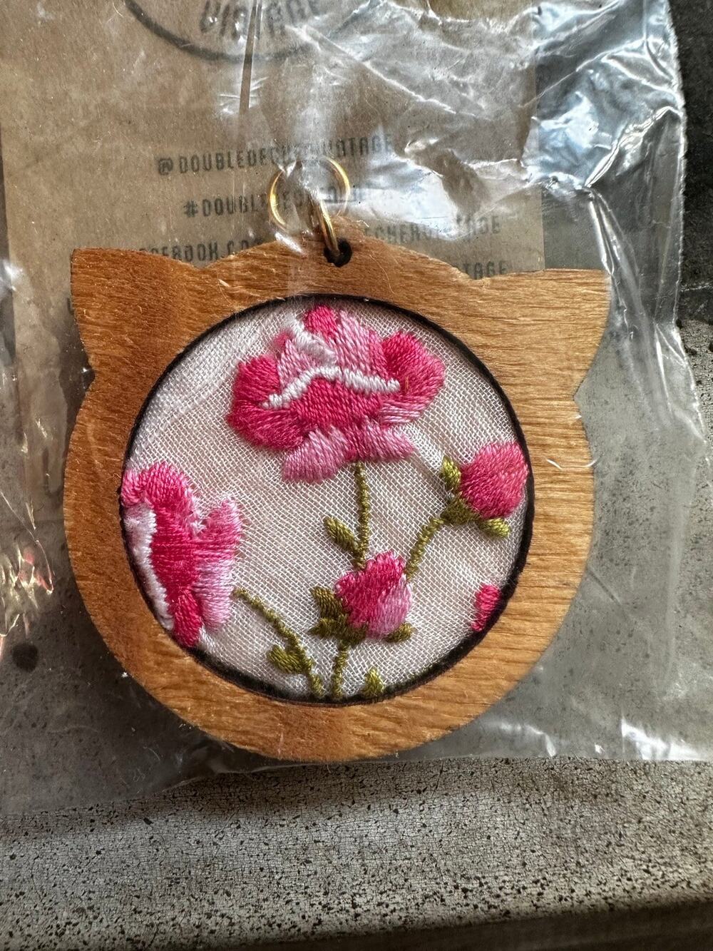Large Cat Shaped Handmade Embroidered Loom Pendants from Vintage Handkerchiefs